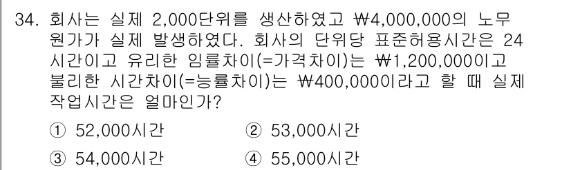 전산회계운용사_1급 2020년 34번 - 실제 생산한 단위수와 발생한 노무원가, 단위당 표준 허용시간, 불리한 시... 에 관한 핵심 기출문제