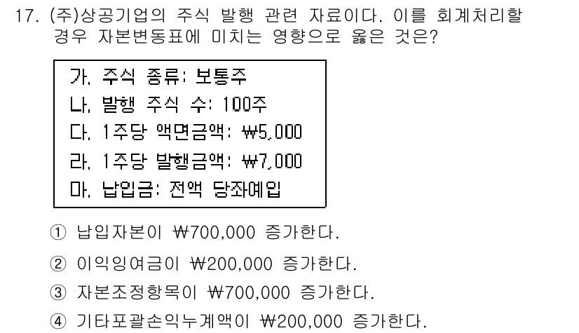 전산회계운용사_2급 2020년 17번 - 주식 발행 시, 보통주가 100주 발행되고 1주당 액면가가 5,000원이... 에 관한 핵심 기출문제