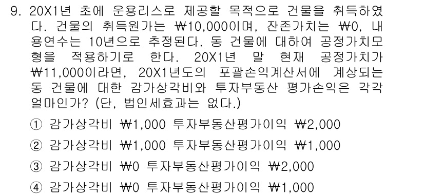 전산회계운용사_2급 2020년 9번 - 문제에서 주어진 조건에 따르면, 건물의 취득원가는 10,000, 잔존가치... 에 관한 핵심 기출문제
