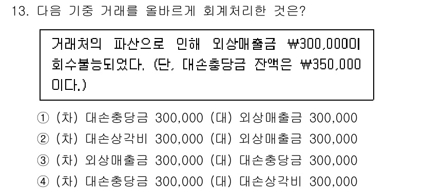 전산회계운용사_3급 2020년 13번 - 이 문제에서 외상매출금 300,000원이 회수불능으로 처리되었으므로, 외... 에 관한 핵심 기출문제
