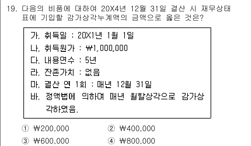 전산회계운용사_3급 2020년 19번 - 주어진 문제에서 감가상각의 금액을 계산할 때, 취득원가가 1,000,00... 에 관한 핵심 기출문제