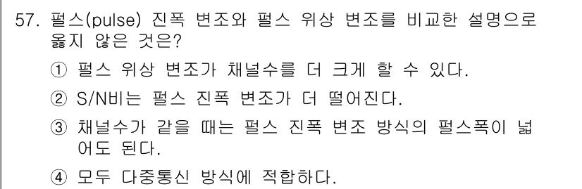 PC정비사_1급 2020년 57번 - 정답은 '1'입니다. 필스 진폭 변조는 채널 수에 따라 더 많은 진폭 변... 에 관한 핵심 기출문제