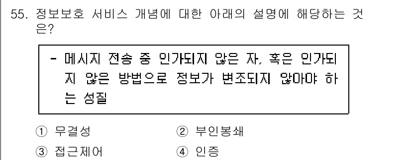 네트워크관리사_1급 2020년 55번 - 이 설명은 정보 보안의 핵심 개념인 '무결성'을 다루고 있습니다. 무결성... 에 관한 핵심 기출문제