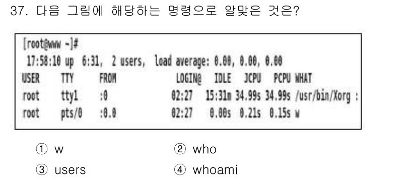 리눅스마스터_1급 2020년 37번 - 주어진 그림은 현재 시스템에 로그인한 사용자와 그들의 활동 정보를 보여줍... 에 관한 핵심 기출문제