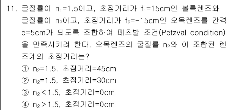 광학기사 2015년 12번 - 주어진 문제는 페츠발 조건(Petzval condition)에 따라 굴절... 에 관한 핵심 기출문제
