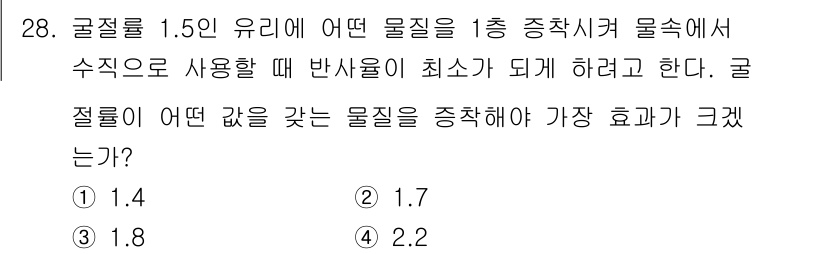 광학기사 2015년 29번 - 주어진 문제에서 구슬의 굴절률이 1.5인 유리에서 반사율을 최소화하려면,... 에 관한 핵심 기출문제
