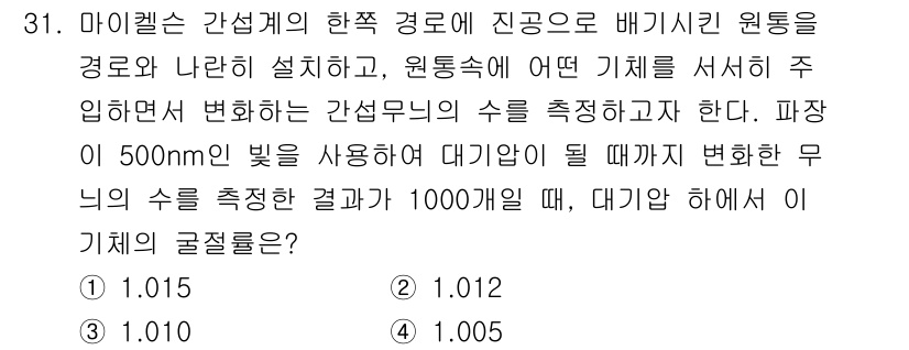 광학기사 2015년 32번 - 주어진 문제는 마이켈슨 간섭계를 이용하여 간섭무늬의 수를 측정하는 상황입... 에 관한 핵심 기출문제