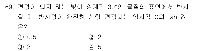 광학기사 2015년 70번 - 주어진 문제에서 반사광이 완전히 선형-편광되는 입사각 θ의 tan 값은 ... 에 관한 핵심 기출문제