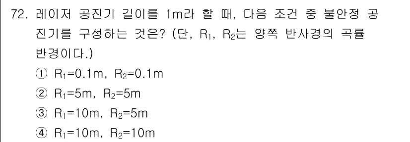 광학기사 2015년 73번 - 주어진 문제에서 레이저 공진기 길이가 1m일 때, 두 곡률 반경 \( R... 에 관한 핵심 기출문제
