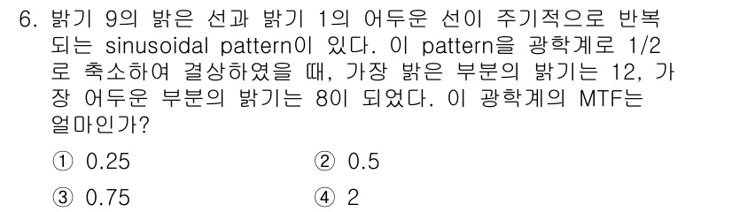 광학기사 2016년 6번 - 이 문제는 주어진 밝기 패턴을 기반으로 MTF를 계산하는 것입니다. 최대... 에 관한 핵심 기출문제