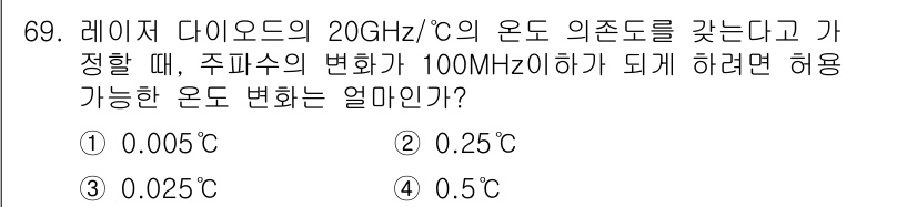광학기사 2016년 69번 - 주어진 문제에서 레이저 다이오드의 주파수 변화량(Δf)을 이용해 온도 변... 에 관한 핵심 기출문제