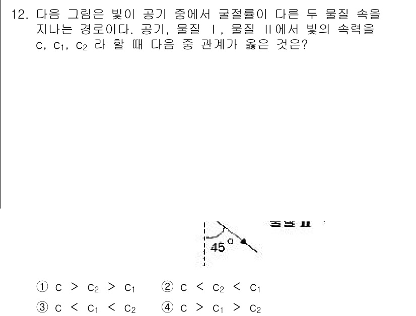 광학기사 2019년 12번 - 빛의 속도는 매질에 따라 다르며, 굴절률이 낮은 매질에서 높은 매질로 갈... 에 관한 핵심 기출문제