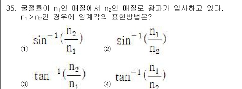 광학기사 2019년 35번 - 문제에서 주어진 조건은 n1 > n2이며, 이는 굴절률이 높은 매질(n1... 에 관한 핵심 기출문제