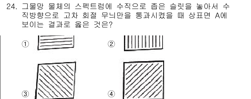 광학기사 2020년 24번 - 주어진 문제에서 A는 고차 회절 패턴을 나타내고 있으며, 수직 방향으로 ... 에 관한 핵심 기출문제