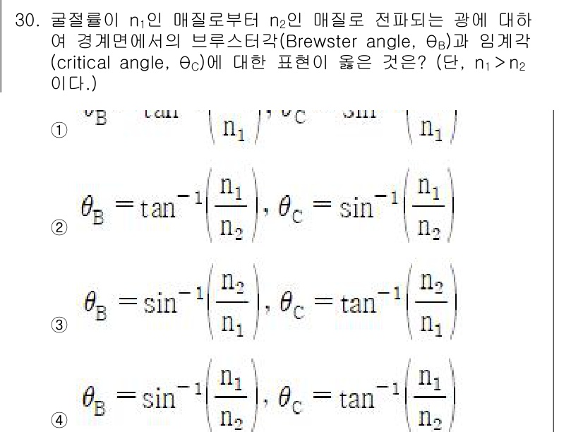 광학기사 2020년 30번 - 주어진 문제에서 브루스터 각(θ_B)과 임계각(θ_C)의 정의를 고려할 ... 에 관한 핵심 기출문제