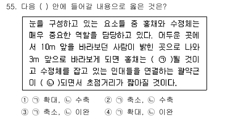 광학기사 2020년 55번 - 눈의 초점 거리와 관련된 문제로, 물체가 10m 거리에서 보일 경우와 3... 에 관한 핵심 기출문제