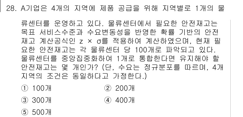 물류관리사_1교시 2020년 28번 - 문제에서 4개의 지역의 물류센터마다 필요로 하는 안전재고가 각각 100개... 에 관한 핵심 기출문제