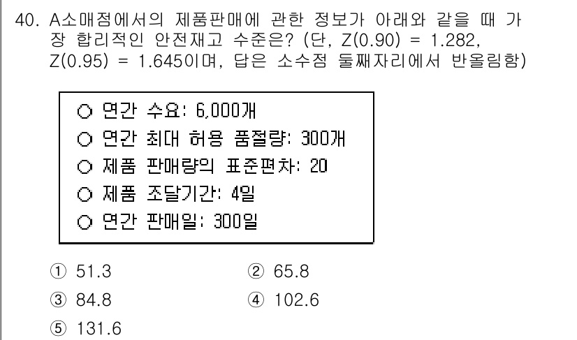 물류관리사_2교시 2020년 40번 - 주어진 문제에서 평균 판매량을 기반으로 하여 95%의 신뢰구간을 구하는 ... 에 관한 핵심 기출문제