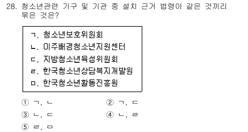 청소년상담사_1급(1교시)(구) 2020년 27번 - 정답 '4'번인 '한국청소년상담복지개발원'과 '한국청소년활동진흥원'은 청... 에 관한 핵심 기출문제