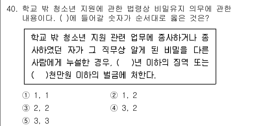 청소년상담사_1급(1교시)(구) 2020년 39번 - 주어진 문장의 내용은 법령상 비밀유지 의무에 관한 것으로, 직무상 알게 ... 에 관한 핵심 기출문제