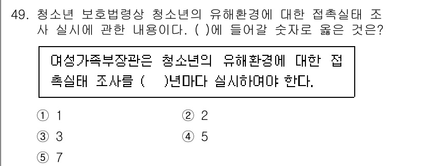 청소년상담사_1급(1교시)(구) 2020년 48번 - 여성가족부장관은 청소년의 유해환경에 대한 접촉실태 조사를 연 2회 실시해... 에 관한 핵심 기출문제