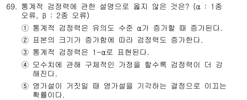 청소년상담사_1급(1교시)(구) 2020년 68번 - 통계적 검정력에 대한 설명 중 '모수에 관한 구체적인 가정을 할수록 검정... 에 관한 핵심 기출문제