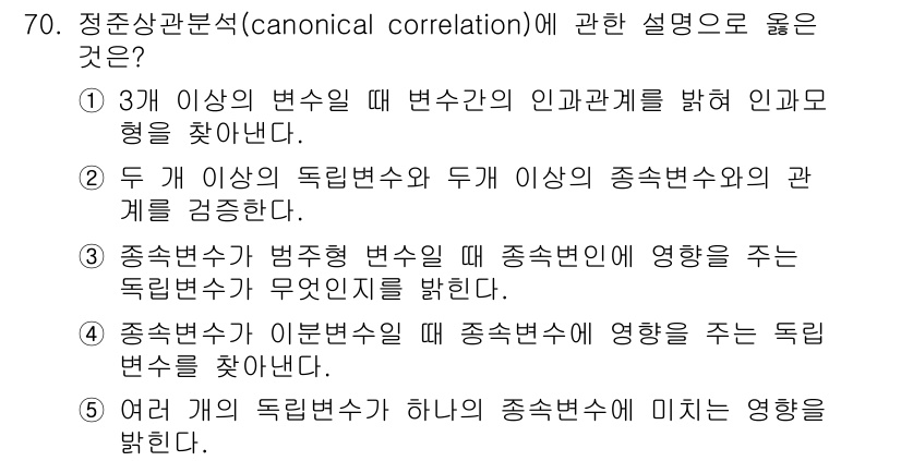 청소년상담사_1급(1교시) 2020년 69번 - 정준상관분석(canonical correlation)은 두 개의 변수 집... 에 관한 핵심 기출문제