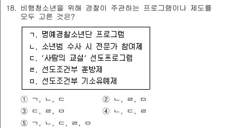 청소년상담사_1급(2교시)(구) 2020년 18번 - 정답 '4'는 비행 청소년을 위해 경찰이 주관하는 프로그램이나 제도로 모... 에 관한 핵심 기출문제
