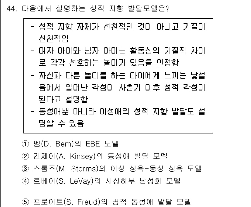 청소년상담사_1급(2교시)(구) 2020년 44번 - 주어진 문제에서 성격 지향 발달 모델을 설명하기 위해 '뱀(D. Bem)... 에 관한 핵심 기출문제