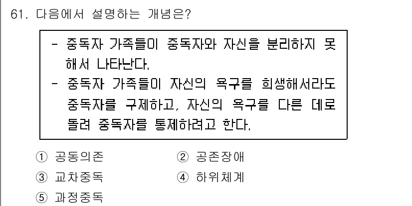 청소년상담사_1급(2교시)(구) 2020년 61번 - 주어진 설명은 '공존장애'를 설명하고 있습니다. 이는 집단 내에서 구성원... 에 관한 핵심 기출문제