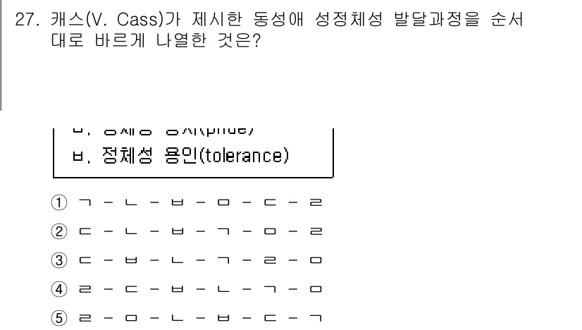 청소년상담사_1급(2교시) 2020년 27번 - '2'번이 정답인 이유는 캐스(V. Cass)가 제시한 성 정체성 발달 ... 에 관한 핵심 기출문제