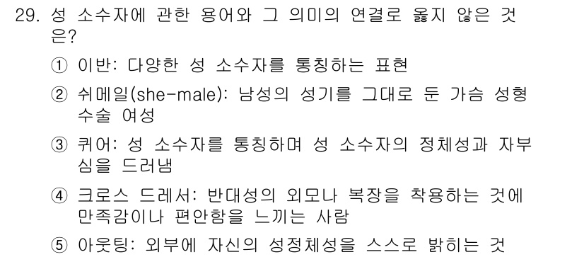 청소년상담사_1급(2교시) 2020년 29번 - 정답 '5'는 '아웃팅'이 성 소수자와 그 의미의 연관성과 맞지 않기 때... 에 관한 핵심 기출문제