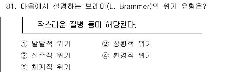 청소년상담사_1급(2교시) 2020년 81번 - 브래머(L. Brammer)의 위기 유형은 '상황적 위기'로, 이는 개인... 에 관한 핵심 기출문제