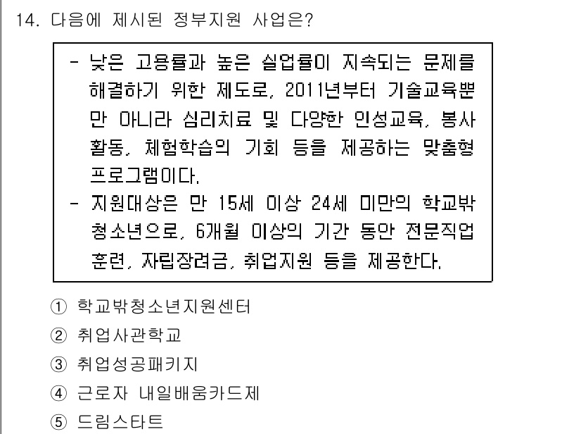 청소년상담사_2급(2교시)(구) 2020년 14번 - 정답 '2'인 이유는, 해당 프로그램이 직업 훈련과 지원을 제공하는 청소... 에 관한 핵심 기출문제