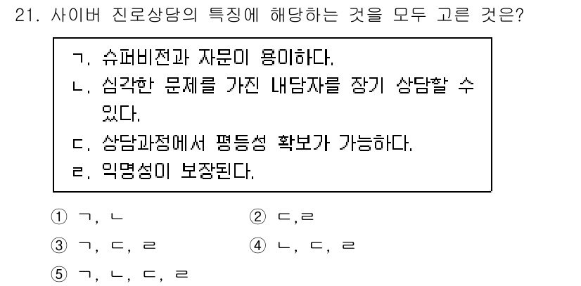 청소년상담사_2급(2교시)(구) 2020년 21번 - 사이버 진로상담은 여러 특성을 갖고 있습니다. 답변 3번은 상담 환경에서... 에 관한 핵심 기출문제