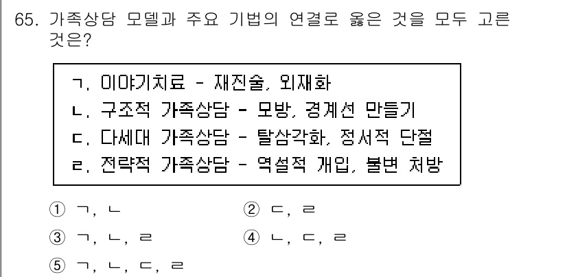 청소년상담사_2급(2교시)(구) 2020년 65번 - 가족상담 모델과 주요 기법의 연결을 이해하기 위해 각 기법의 특성을 고려... 에 관한 핵심 기출문제