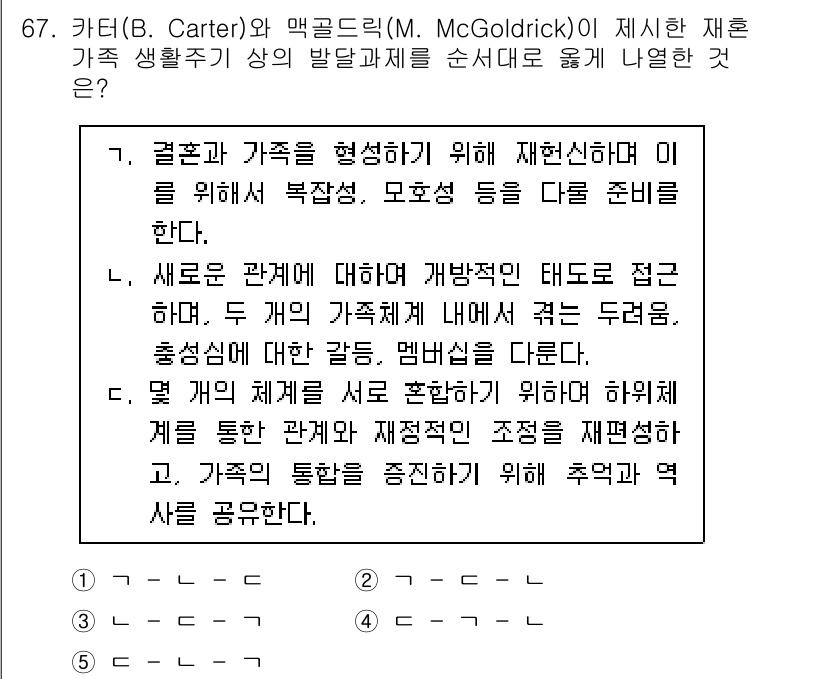 청소년상담사_2급(2교시)(구) 2020년 67번 - 정답 '1'은 재혼과 가족의 형성에 초점을 맞추고 있습니다. 첫 번째 단... 에 관한 핵심 기출문제