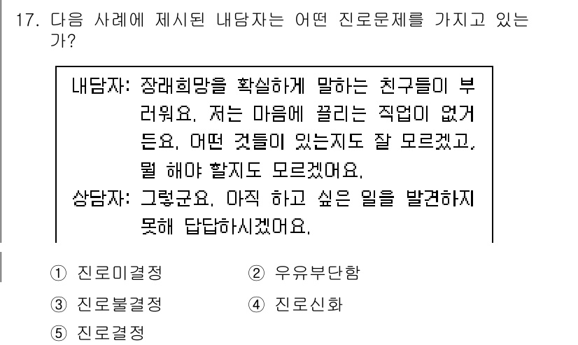 청소년상담사_2급(2교시) 2020년 17번 - 내담자는 자신의 장래희망을 확실히 말하지 못하고, 마음속 갈등과 무기력을... 에 관한 핵심 기출문제