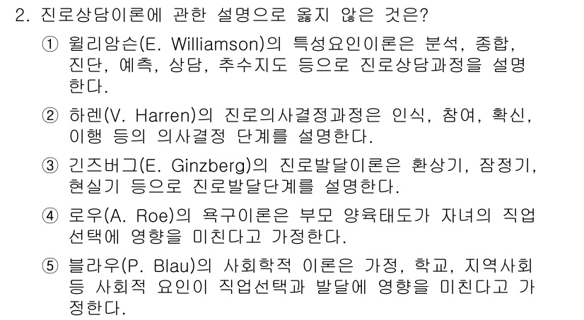 청소년상담사_2급(2교시) 2020년 2번 - 정답이 '2'인 이유는 V. Harren의 진로의사결정과정 이론이 주로 ... 에 관한 핵심 기출문제