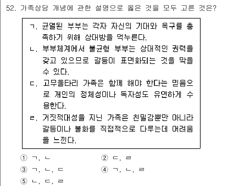 청소년상담사_2급(2교시) 2020년 52번 - 가족상담에서 가족 구성원 간의 관계와 의사소통의 중요성을 이해하는 것이 ... 에 관한 핵심 기출문제