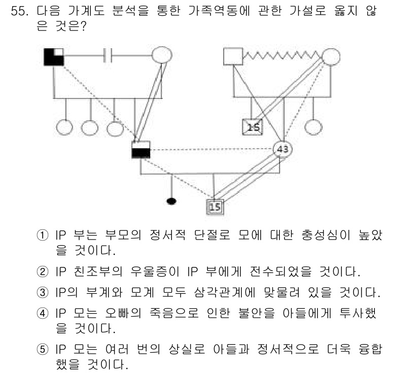청소년상담사_2급(2교시) 2020년 55번 - 정답인 '2'는 IP 친조부의 우울증이 IP 부에게 전수되었다는 가설이 ... 에 관한 핵심 기출문제