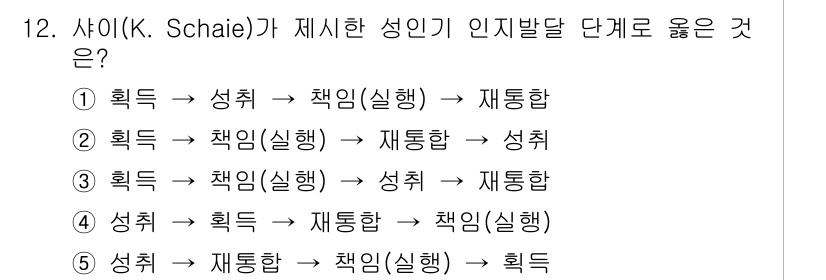 청소년상담사_3급(1교시)(구) 2020년 12번 - K. Schaie의 성인기 인지발달 단계는 '획득 → 성취 → 책임(실행... 에 관한 핵심 기출문제