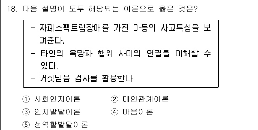 청소년상담사_3급(1교시)(구) 2020년 18번 - 이 문제의 정답은 '4. 마음이론'입니다. 마음이론은 타인의 마음, 감정... 에 관한 핵심 기출문제