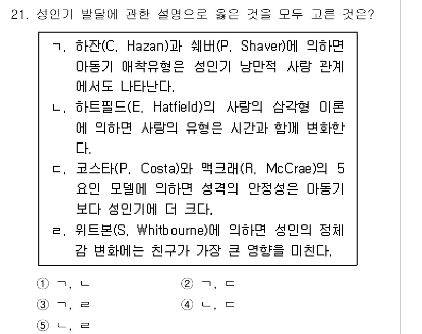 청소년상담사_3급(1교시)(구) 2020년 21번 - '2'가 정답인 이유는 하잔과 쉐버의 연구가 성인기의 애착유형이 지속된다... 에 관한 핵심 기출문제