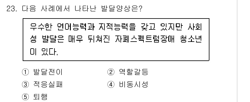 청소년상담사_3급(1교시)(구) 2020년 23번 - 주어진 사례에서 청소년이 언어능력과 지적능력을 가지고 있지만, 사회성 발... 에 관한 핵심 기출문제