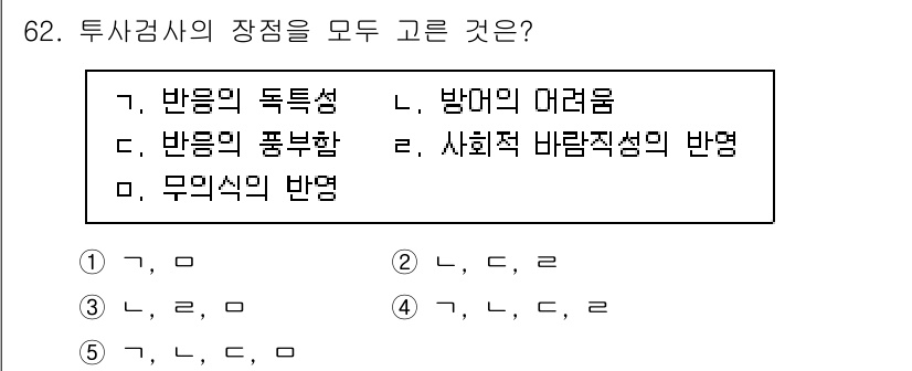 청소년상담사_3급(1교시)(구) 2020년 62번 - 투사검사와 관련된 장점으로는 '반응의 독특성', '무의식의 반영', '사... 에 관한 핵심 기출문제