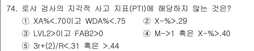 청소년상담사_3급(1교시)(구) 2020년 74번 - 문제에서 로샤 검사의 지각적 사고 지표(PTI)에 해당하지 않는 선택지를... 에 관한 핵심 기출문제