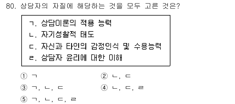 청소년상담사_3급(1교시)(구) 2020년 80번 - 상담자의 자질에는 상담이론의 적용 능력, 자기성찰적 태도, 자아 인식 및... 에 관한 핵심 기출문제