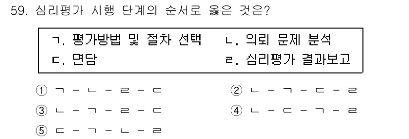 청소년상담사_3급(1교시) 2020년 59번 - 심리평가의 실행 단계에서 올바른 순서는 "평가 방법 및 절차 선택" 후 ... 에 관한 핵심 기출문제