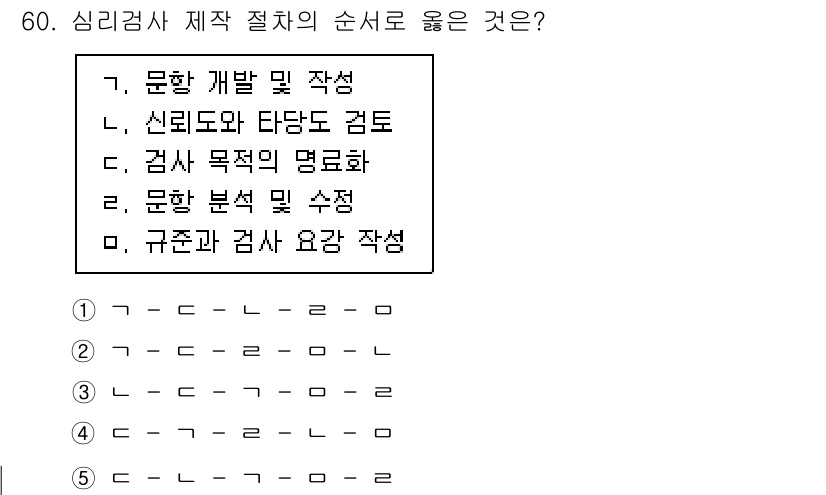 청소년상담사_3급(1교시) 2020년 60번 - 문항의 순서는 심리검사 제작 과정에 따라 정리되어야 합니다. 올바른 순서... 에 관한 핵심 기출문제